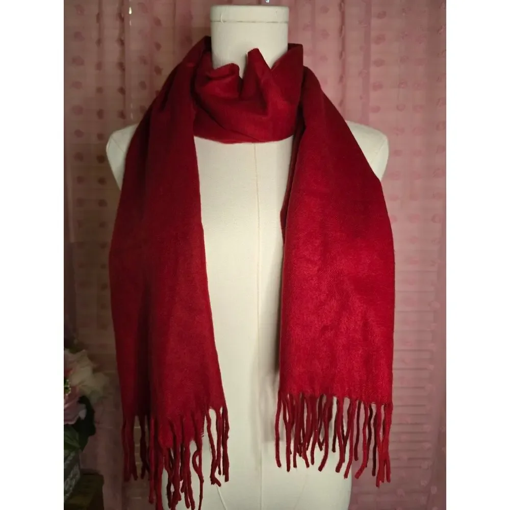 Red Cashmink Scarf Fringe Quiet Luxury Old Money Winter Holiday 64x13
